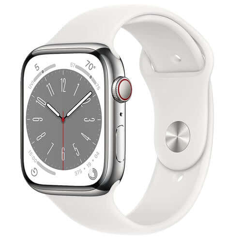 Apple Watch Series 8 (GPS + Cellular 45mm) Smart watch - Silver Stainless Steel Case with White Sport Band - Regular. Fitness Tracker, Blood Oxygen & ECG Apps, Water Resistant